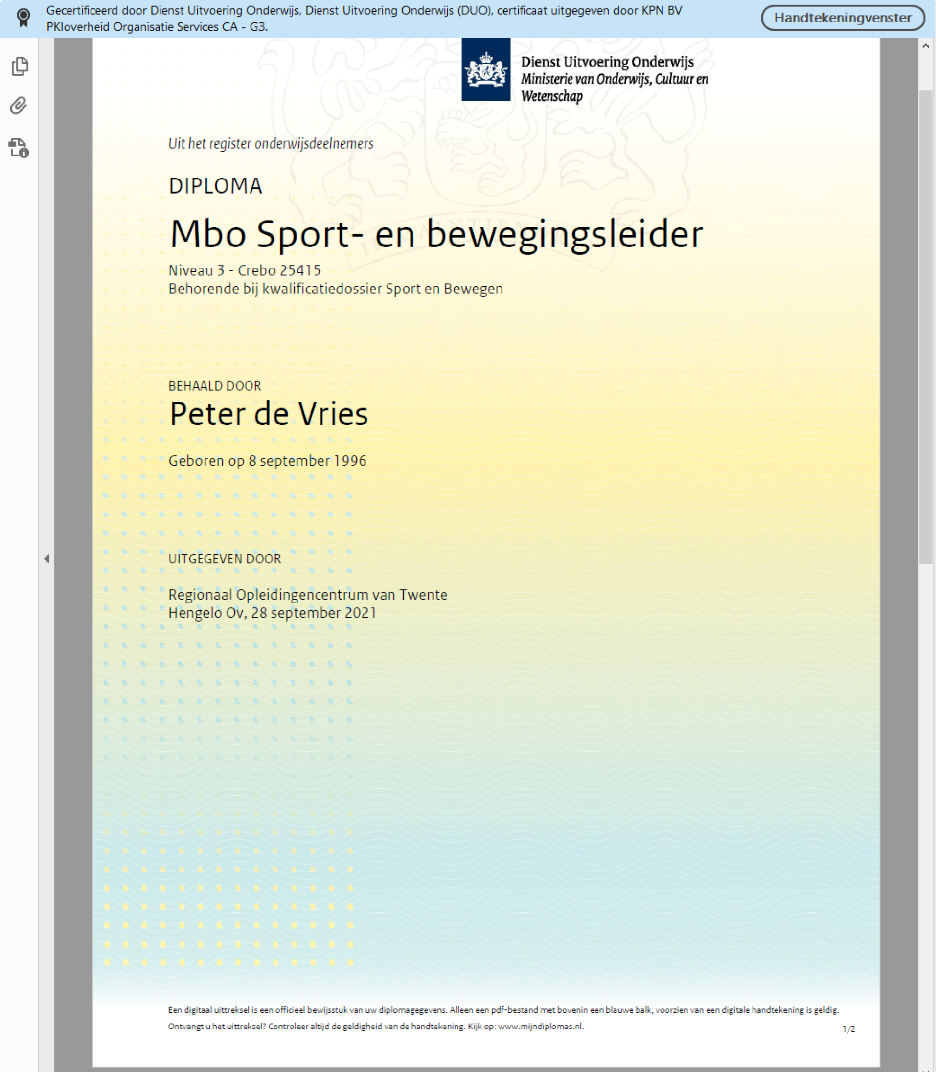 De afbeelding toont een voorbeelddiploma met visuele echtheidskenmerken.